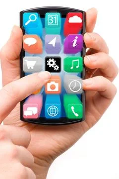 Touch screen smartphone hand is holding a touch screen smartphone with fly... 库存照片