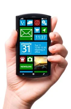 Touch screen smartphone hand is holding a touch screen smartphone with mob... 库存照片