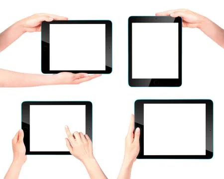 Touch screen tablet computer with hand Stock Photos