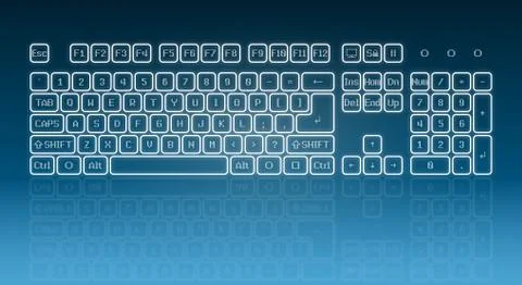 Touch screen virtual keyboard, glowing keys and reflection on blue background Stock Illustration