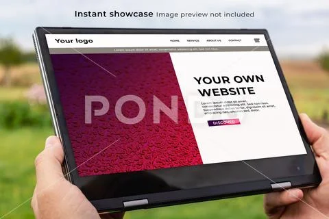 Touch tablet pc screen mockup for advertising, man working outdoors, market.. PSD Template