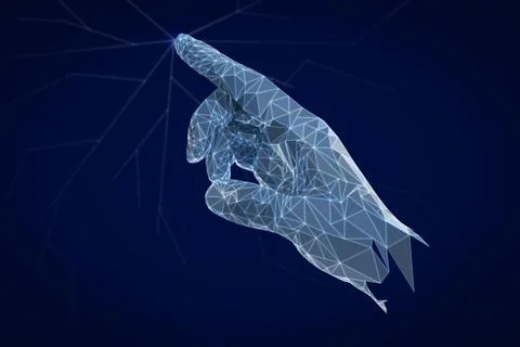 Touch of virtual hand with digital pattern breaking cyberspace. Dark blue b.. イラスト素材