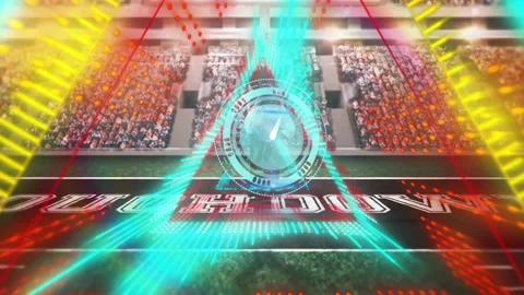 Touchdown text with vibrant digital animation over football field and cheering Stock Footage 305117850