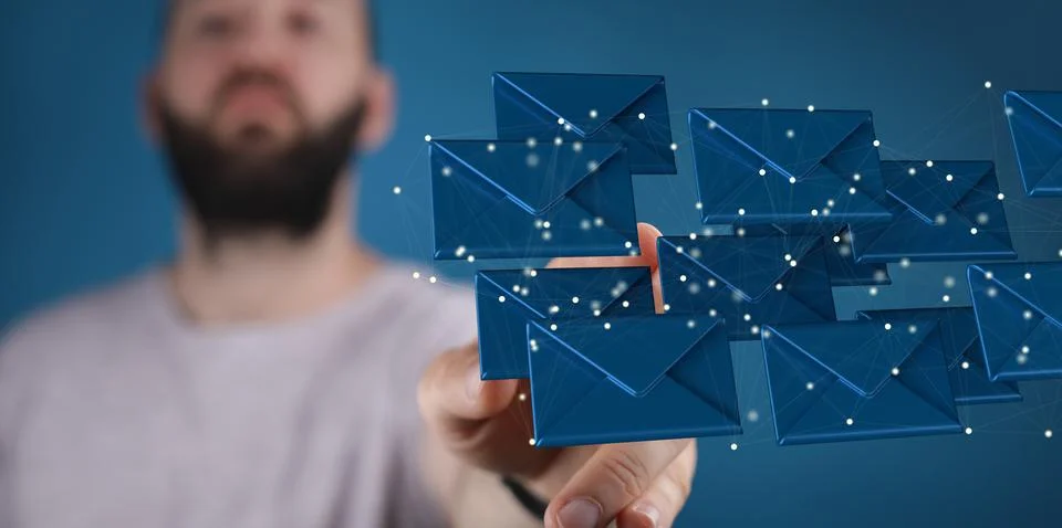 Touching 3D rendering flying email icons Foto stock