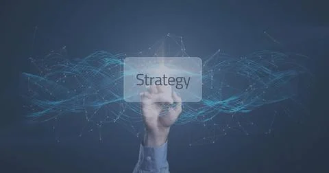 Touching arm and hand in blue shirt reaching into virtual UI, tapping Strategy Stock Illustration