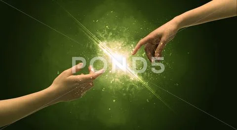 Touching arms lighting spark at fingertip Stock Photos