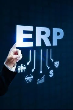 Touching the ERP display while presenting data related to business management Stock Photos