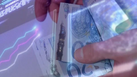 Touching folded stack, hands fanning and smoothing 20-euro notes, checking Stock Footage 328656827