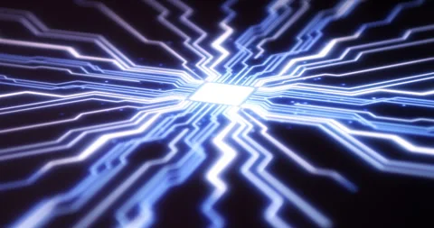 Touching futuristic illuminated glowing processor chip with human finger Stock Footage 317679302