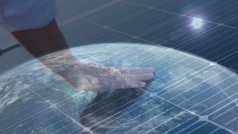 Touching Globe Over Solar Panel Glare Stock Footage 336479290