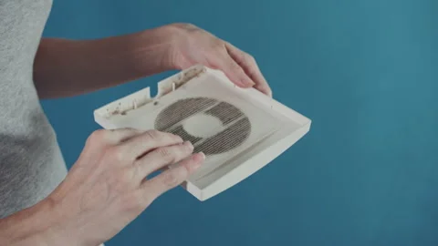 Touching Heavy Dust Layer on Exhaust Fan Mesh Filter During Inspection Video stock 341396747