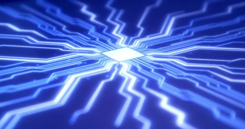 Touching illuminated glowing futuristic processor chip on technology system Stock Footage 317695222