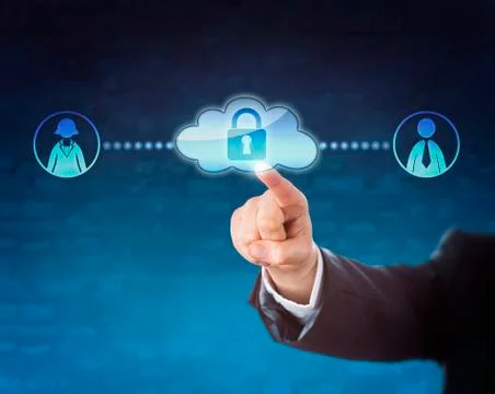 Touching Locked Cloud Linked To Two Office Workers Stock Photos