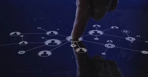 Touching man's index finger using touchscreen in digital interface, with Stock Photos