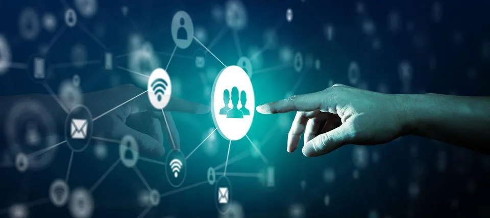 Touching Network Structure on Hologram Screen. Network Structure Concept. Stock Photos