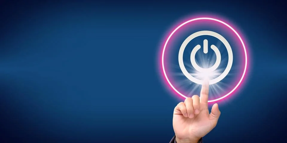 Touching shutdown button on blue background and business with technology co.. Stock Photos