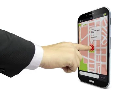 Touching a smartphone with location app on the screen Stock Illustration