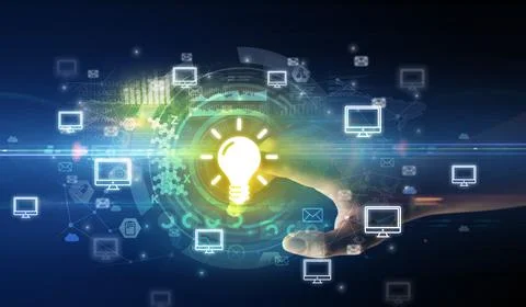 Touching with soft gesture multimedia screen with future technology concept Stock Photos