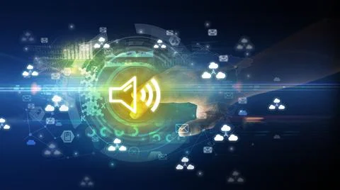 Touching with soft gesture multimedia screen with future technology concept Foto stock