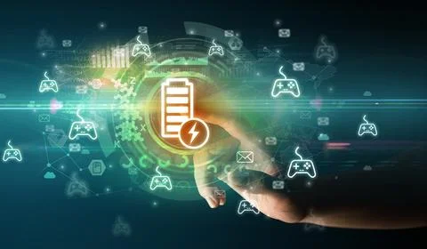 Touching with soft gesture multimedia screen with future technology concept Foto stock