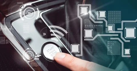 Touching start engine button in vehicle with heads up display interface 库存照片