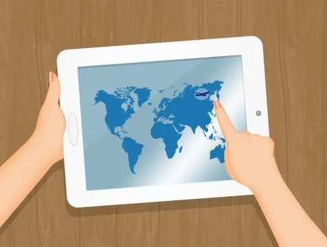 Touching tablet screen to booking a trip Stock Illustration