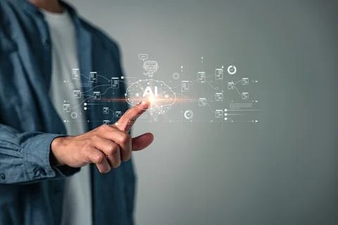 Touching the virtual AI brain represents digital technology system developm.. Stock Photos