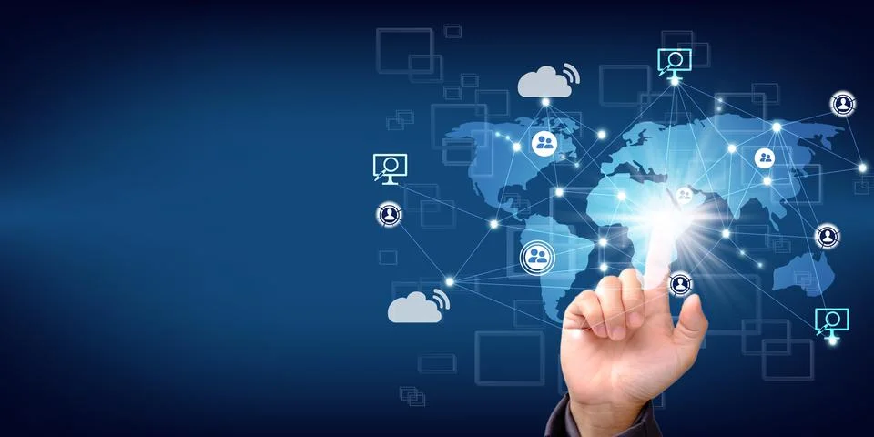 Touching virtual screen global network connection Foto stock