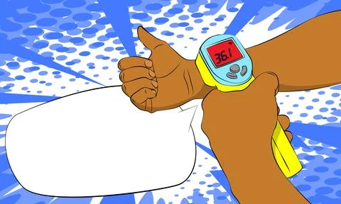 Touchless temperature check on Afro-American arm. Vector illustrated comic bo Illustrazione stock