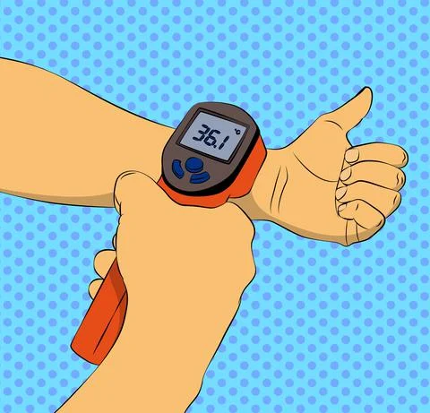 Touchless temperature check. Vector illustrated comic book style body tempera Illustrazione stock