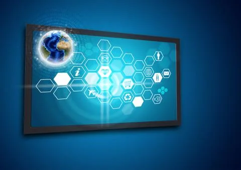 Touchscreen display with Globe and honeycomb shaped icons, on blue background Stock Illustration