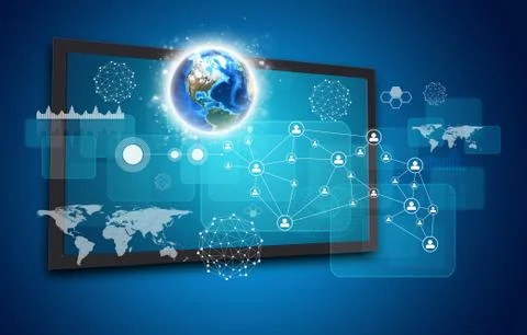 Touchscreen display with Globe and other elements, on blue background Stock Illustration