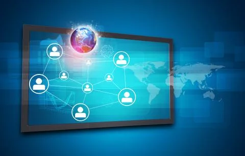 Touchscreen display with Globe, world map, network of person icons and other ele Stock Illustration