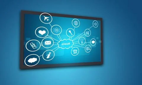 Touchscreen display with icons, on blue background Stock Illustration