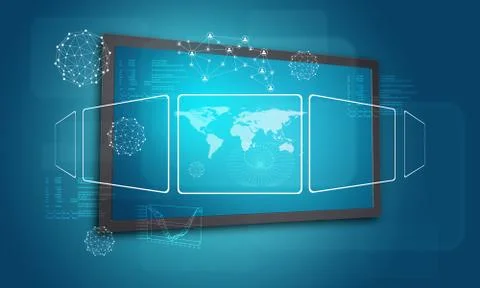 Touchscreen display with world map and other elements Illustrazione stock