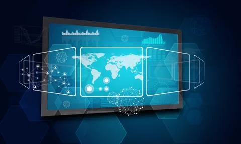 Touchscreen display with world map, graphs and other elements Stock Illustration