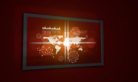 Touchscreen display with world map, graphs and other elements Illustrazione stock