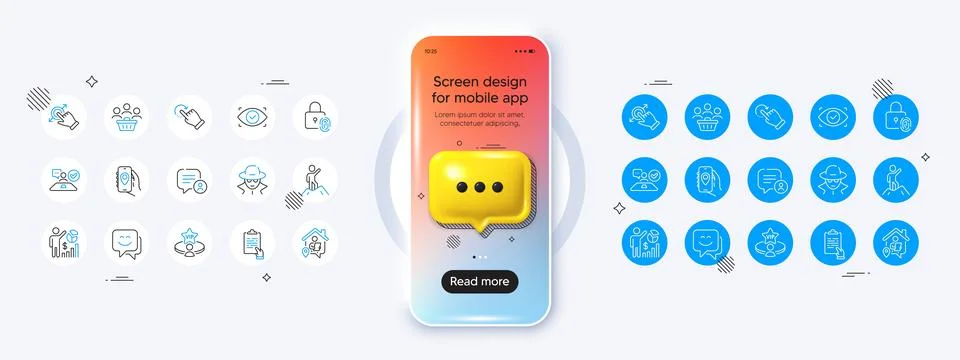 Touchscreen gesture, Biometric eye and Clipboard line icons. For web app Stock Illustration