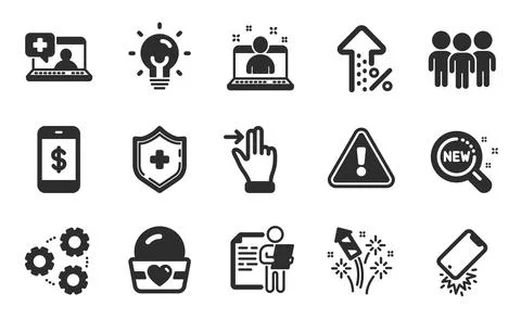 Touchscreen gesture, Gears and Ice cream icons set. Job interview, New products 스톡 일러스트