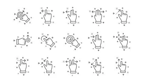 Touchscreen gesture line icons. Hand swipe, Slide gesture, Multitasking. Linear Stock Illustration