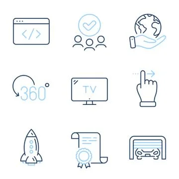 Touchscreen gesture, Seo script and Full rotation icons set. Tv, Rocket and Illustrazione stock