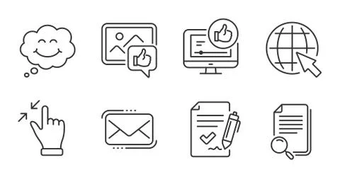 Touchscreen gesture, Like video and Messenger mail icons set. Smile, Like photo Stock-Illustration