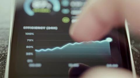 Touchscreen graph visualizes a rising cooling efficiency trend over time Stock Photos