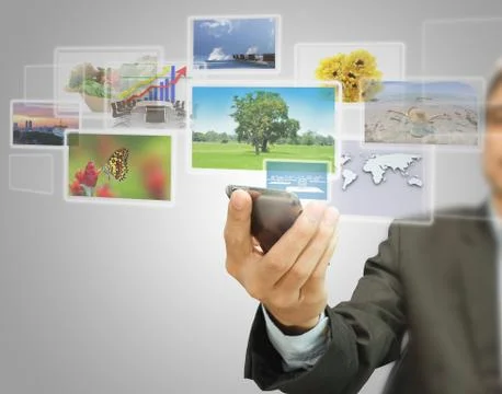 Touchscreen mobile phone with virtual images Stock Illustration