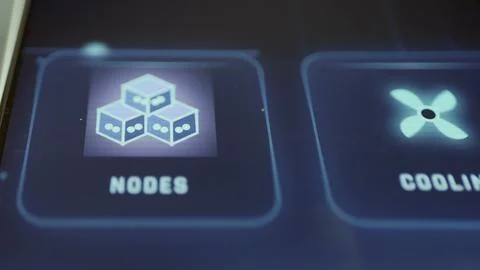 Touchscreen navigation tiles labeled Nodes and Cooling use cube and fan Stock Photos