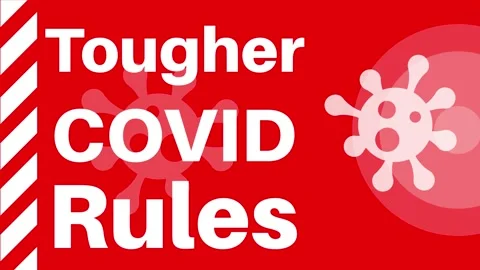 Tougher Covid Rules - Animation with virus logos on a red background. Stock Footage 167751314