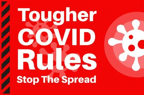 Tougher Covid Rules - Stop the spread - Illustration with virus logo on a red Stock Illustration