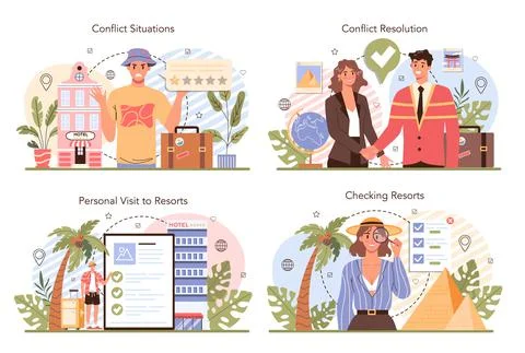 Tour agent concept set. Vacation organization agency. Specialist checking Stock Illustration