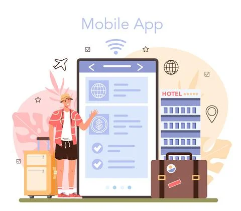 Tour agent online service or platform. Vacation organization agency Stock Illustration