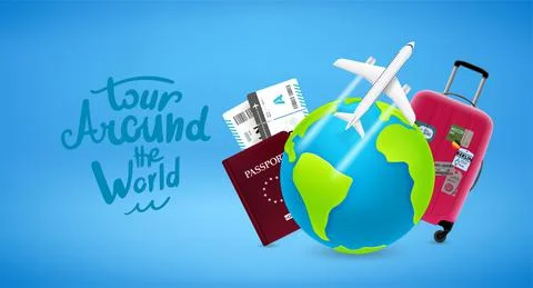Tour around the world. 3d vector illustration. 3d vector banner with letterin Stock Illustration